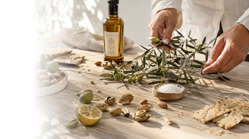 RaizBack artisan food scene with extra virgin olive oil, olive branches, pistachios, lemon, sea salt, and gourmet crackers on a rustic table.