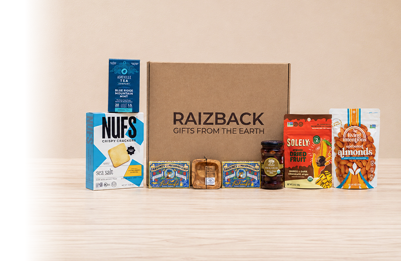 RaizBack gourmet gift box with sardines, sea salt crackers, blue ridge tea, sprouted almonds, dried fruit and artisanal snacks