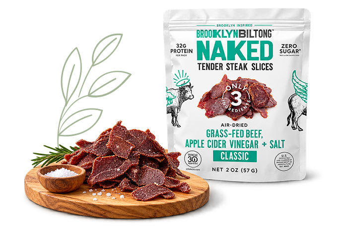 Grass-fed beef biltong tender steak slices with apple cider vinegar and sea salt, high-protein gourmet snack