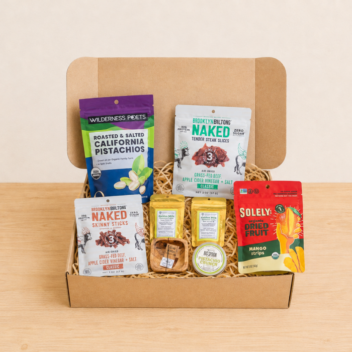 RaizBack gourmet gift box with California pistachios, grass-fed biltong, dried mango, pistachio crunch and artisanal snacks