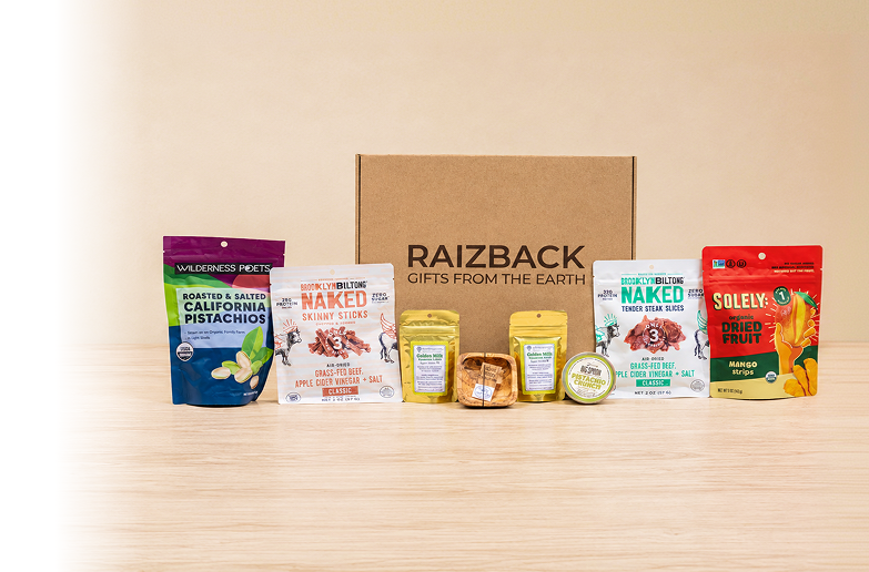 RaizBack gourmet gift box with California pistachios, grass-fed biltong, dried mango, pistachio spread and artisanal snacks