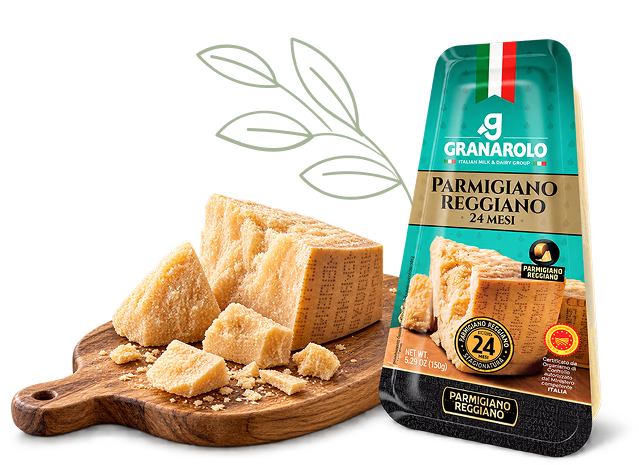 Granarolo Parmigiano Reggiano 24-month aged cheese wedge with sliced Parmesan on a wooden board.