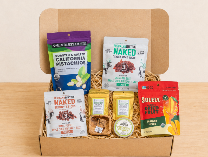 RaizBack gourmet gift box with California pistachios, grass-fed biltong, dried mango, pistachio crunch and artisanal snacks